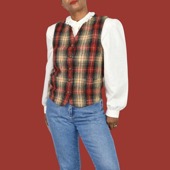 Vintage Eddie Bauer Plaid Wool Vest Red Tartan Check Equestrian Waistcoat Small - Picture 14 of 15